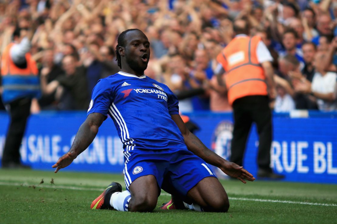 Victor Moses celebrates scoring Chelsea's third goal against Burnley.