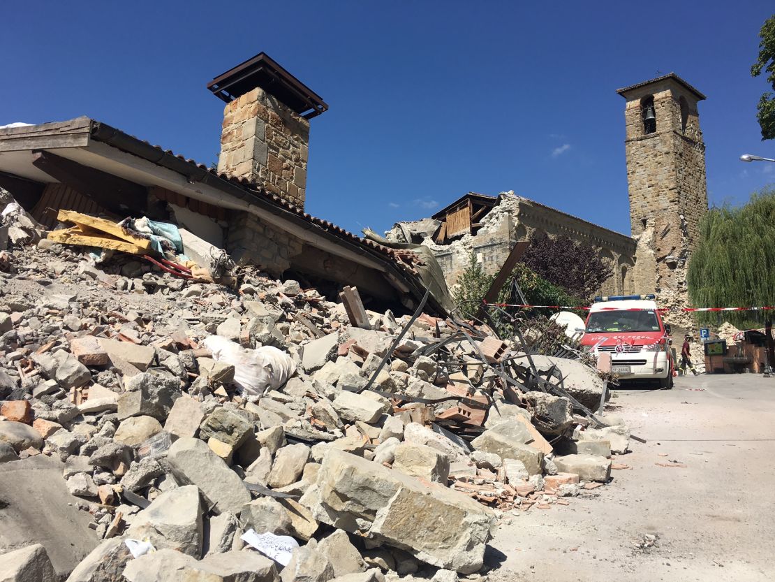A church partially destroyed in the earthquake in Amatrice.