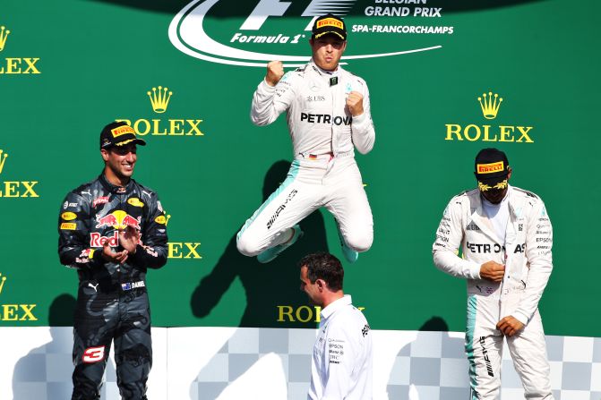 A month later, Hamilton had to start at the back of the grid after Mercedes chose to make a raft of engine changes in Spa. Hamilton worked his way up to third, but Rosberg romped to the checkered flag <a href="index.php?page=&url=http%3A%2F%2Fcnn.com%2F2016%2F08%2F28%2Fmotorsport%2Fbelgian-grand-prix-chaos%2F" target="_blank">for his first win at the legendary circuit.</a>