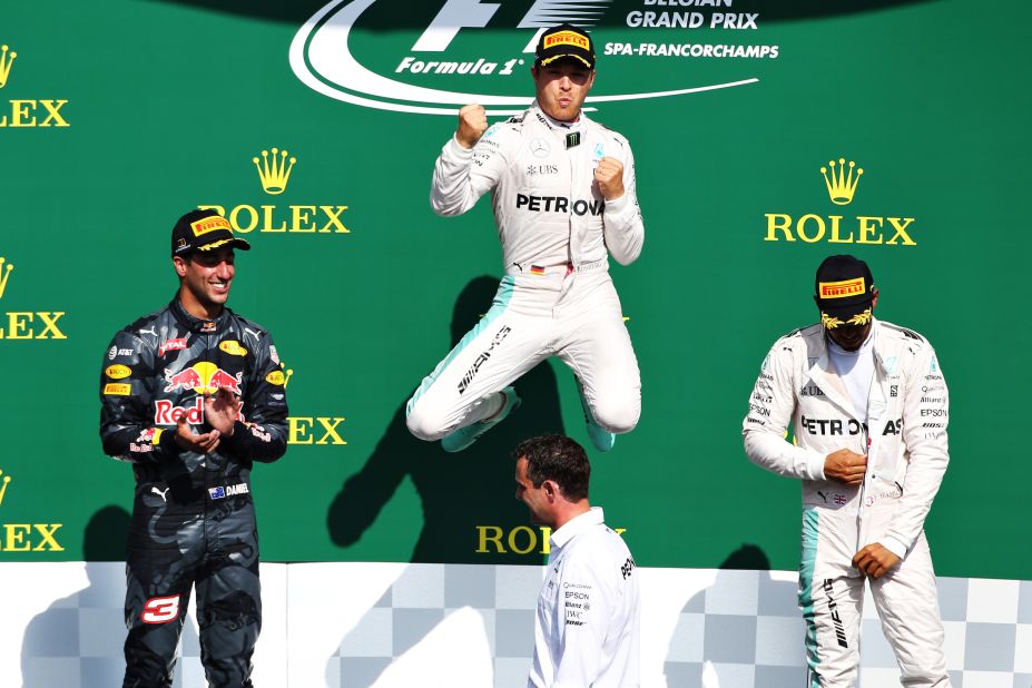 A month later, Hamilton had to start at the back of the grid after Mercedes chose to make a raft of engine changes in Spa. Hamilton worked his way up to third, but Rosberg romped to the checkered flag <a href="http://cnn.com/2016/08/28/motorsport/belgian-grand-prix-chaos/" target="_blank">for his first win at the legendary circuit.</a>