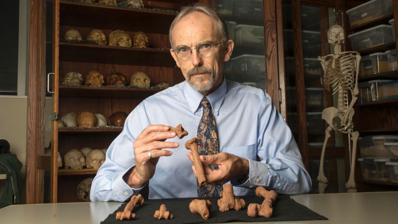 John Kappelman with 3D printouts of Lucy's skeleton.