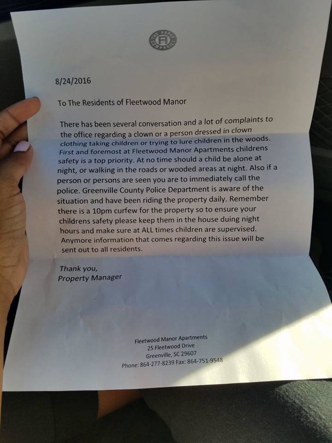 This is the letter that an Greenville, SC, apartment complex sent residents