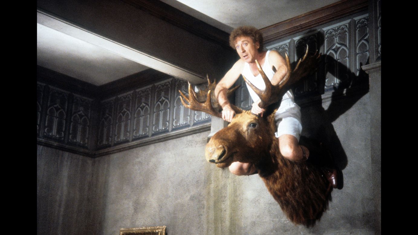 Wilder sits atop a mounted moose head in a scene from "Haunted Hollywood," a film he directed in 1986.