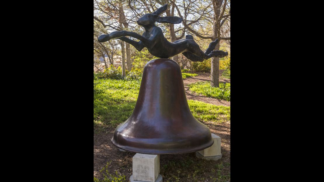 Barry Flanagan's "Hare on Bell on Portland Stone Piers" is on display in Denver.