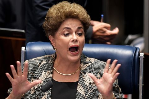 Rousseff gestures during her testimony during her impeachment trial at the National Congress in Brasilia on August 29, 2016.
