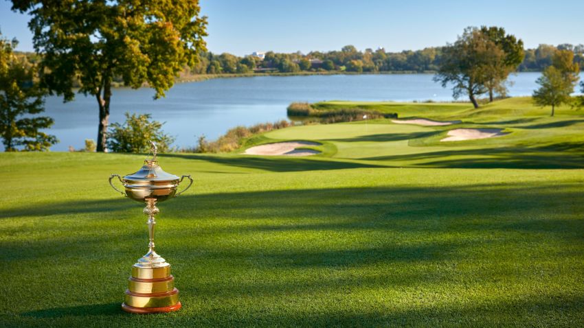CHASKA, MN - SEPTEMBER 27:  (EDITORS NOTE: This image has been retouched.) The Ryder Cup trophy sits at  Hazeltine National Golf Club the host venue for the 2016 Ryder Cup Matches on September 27, 2015 in Chaska, Minnesota. (Photo by Gary Kellner/PGA of America via Getty Images)