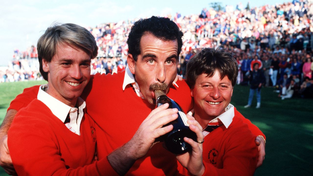 Paul Way (left), Sam Torrance (center) and Ian Woosnam celebrate Europe's 1985 Ryder Cup win.