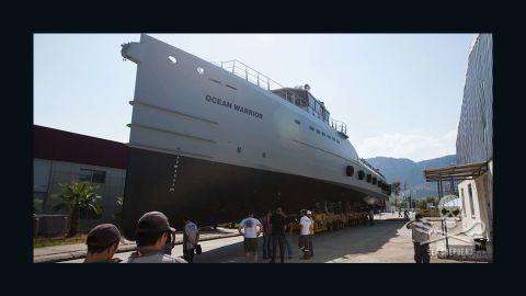 The Ocean Warrior has a deck area large enough to accommodate a helicopter and several small boat operations.