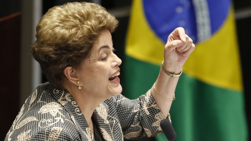 BRASILIA, BRAZIL - AUGUST 29:  Suspended Brazilian President Dilma Rousseff testifies on the Senate floor during her impeachment trial on August 29, 2016 in Brasilia, Brasil. Senators will vote in the coming days whether to impeach and permanently remove Rousseff from office.. (Photo by Igo Estrela/Getty Images)