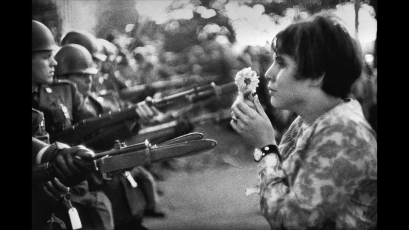 Jan Rose Kasmir confronts National Guard troops with a flower during a Vietnam War protest outside the Pentagon in 1967. This is one of the most memorable anti-war images from that era. It was taken by Marc Riboud, an acclaimed French photographer who died this week at the age of 93. "She was just talking, trying to catch the eye of the soldiers, maybe try to have a dialogue with them," Riboud recalled in the April 2004 issue of Smithsonian magazine. "I had the feeling the soldiers were more afraid of her than she was of the bayonets."