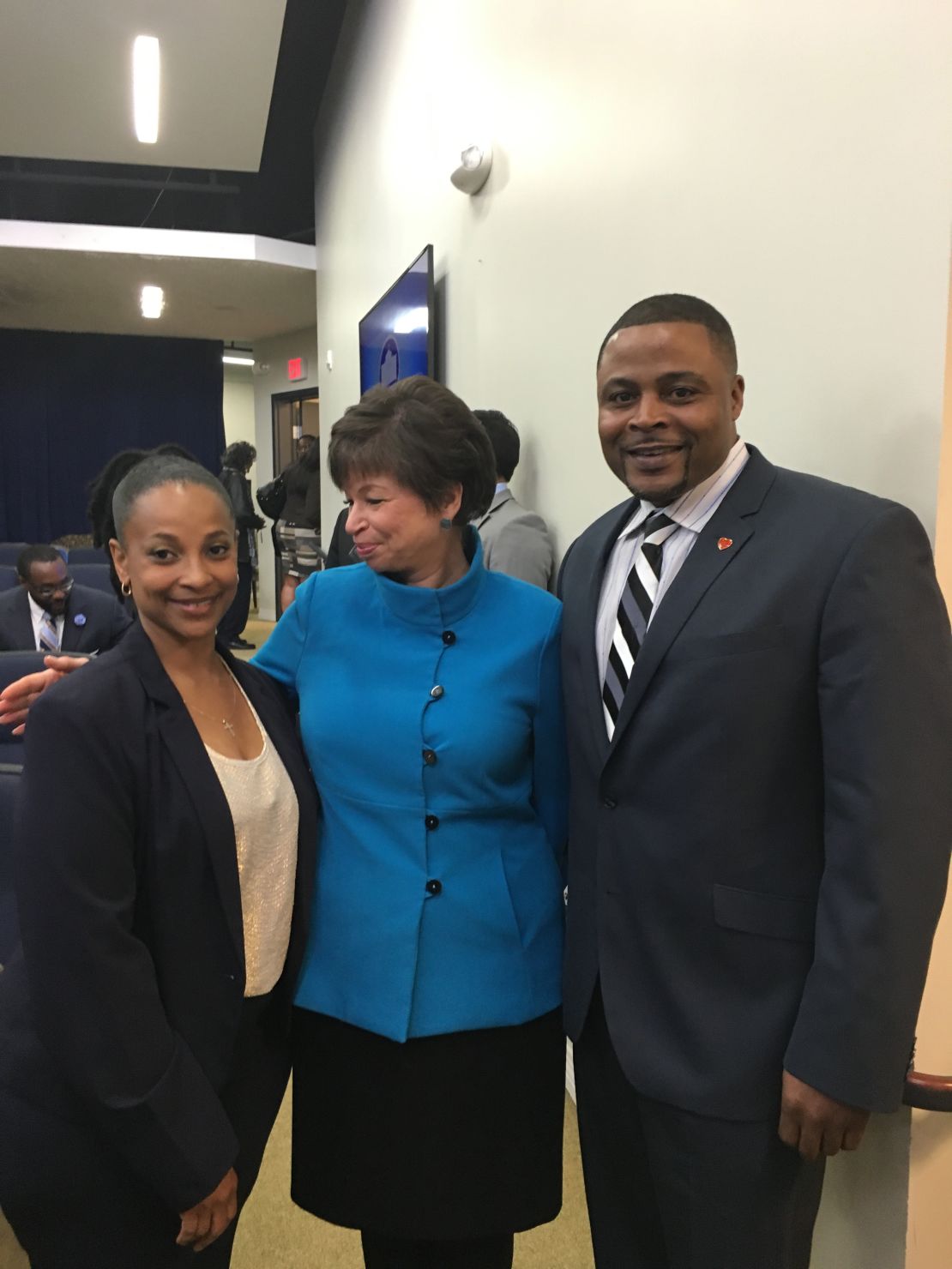 Sharanda Jones visits the White House to speak about criminal justice reform with Valerie Jarrett, Senior Advisor to President Barack Obama, while still under the control of the Bureau of Prisons. The two are pictured with Reynolds Wintersmith, another recipient of commutation.