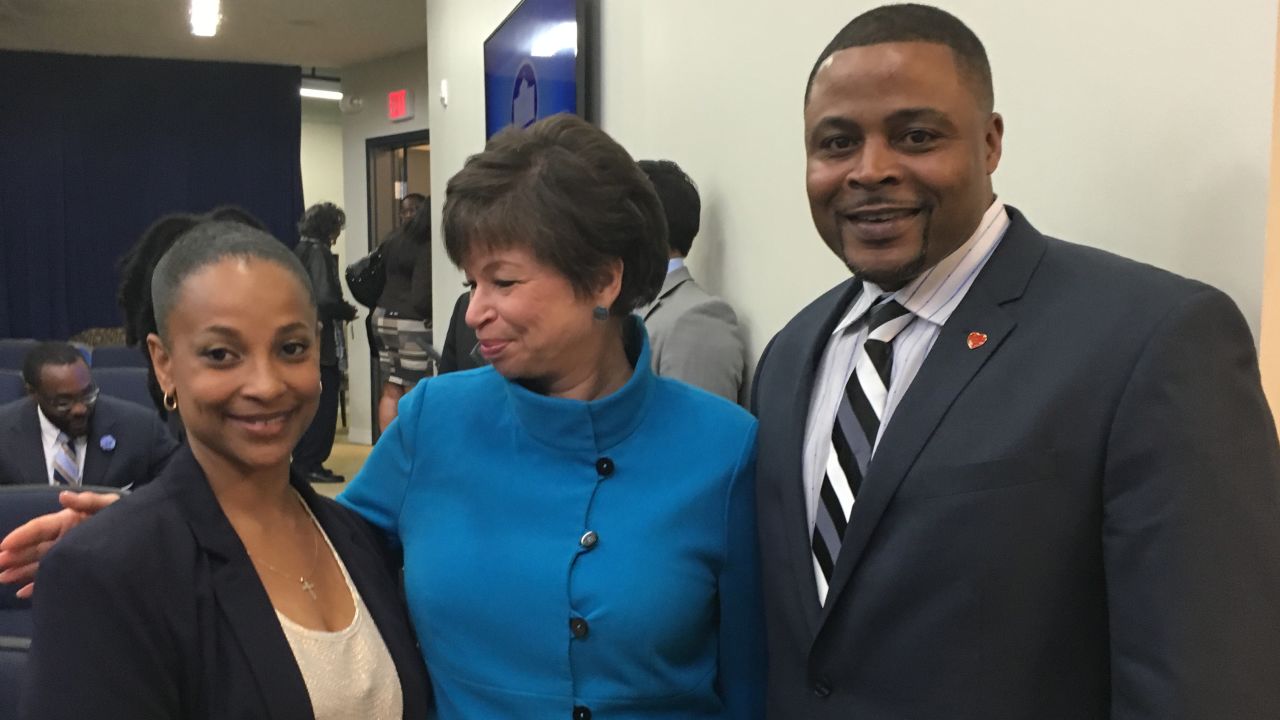 Sharanda Jones visits the White House to speak about criminal justice reform with Valerie Jarrett, Senior Advisor to President Barack Obama, while still under the control of the Bureau of Prisons. The two are pictured with Reynolds Wintersmith, another recipient of commutation.