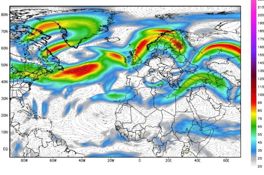 This map shows upper level winds around flight level. The jet stream refers to the belt of strongest winds, indicated by the brighter orage and red colors on the map. Obtained from Weatherbell.com. 