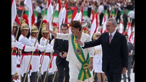 Dilma Rousseff is sworn in to her first term on January 1, 2011, becoming Brazil's first female president. She's seen here with running mate Michel Temer, who has now succeeded her as president.