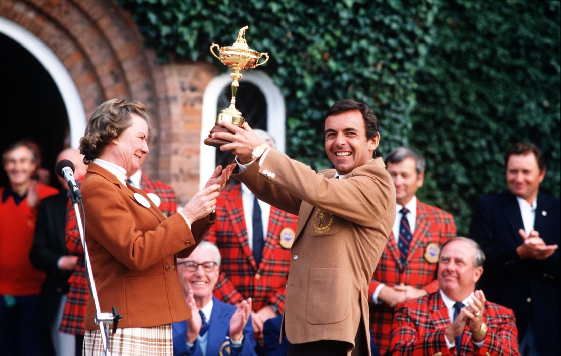Jacklin holds aloft the Ryder Cup after victory at The Belfry.