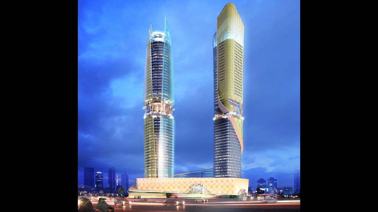 The facade of the hotel tower's (pictured right) is inspired by a flowing river, and will feature lighting animations. The serviced apartment tower (left) is designed to resemble a shell and a pearl.