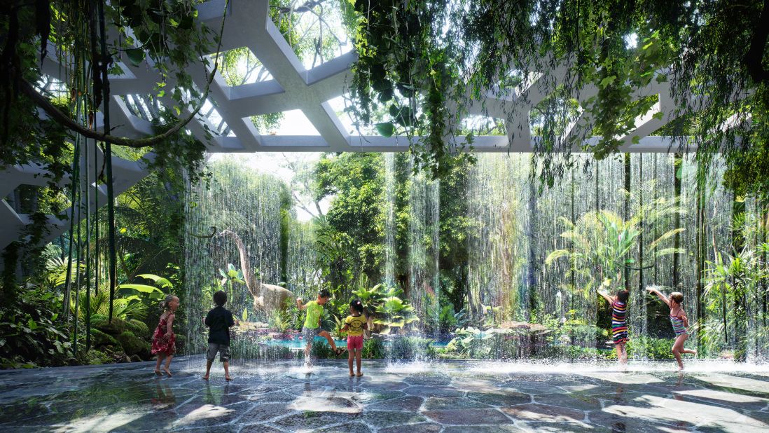 The artificial rainforest will feature a Jurassic period inspired marsh, and include a sandless beach, waterfalls, pools and streams. Rain will fall but guests need not worry about getting wet -- a motion detection system will surround people with rain, but leave the space they occupy mercifully dry.