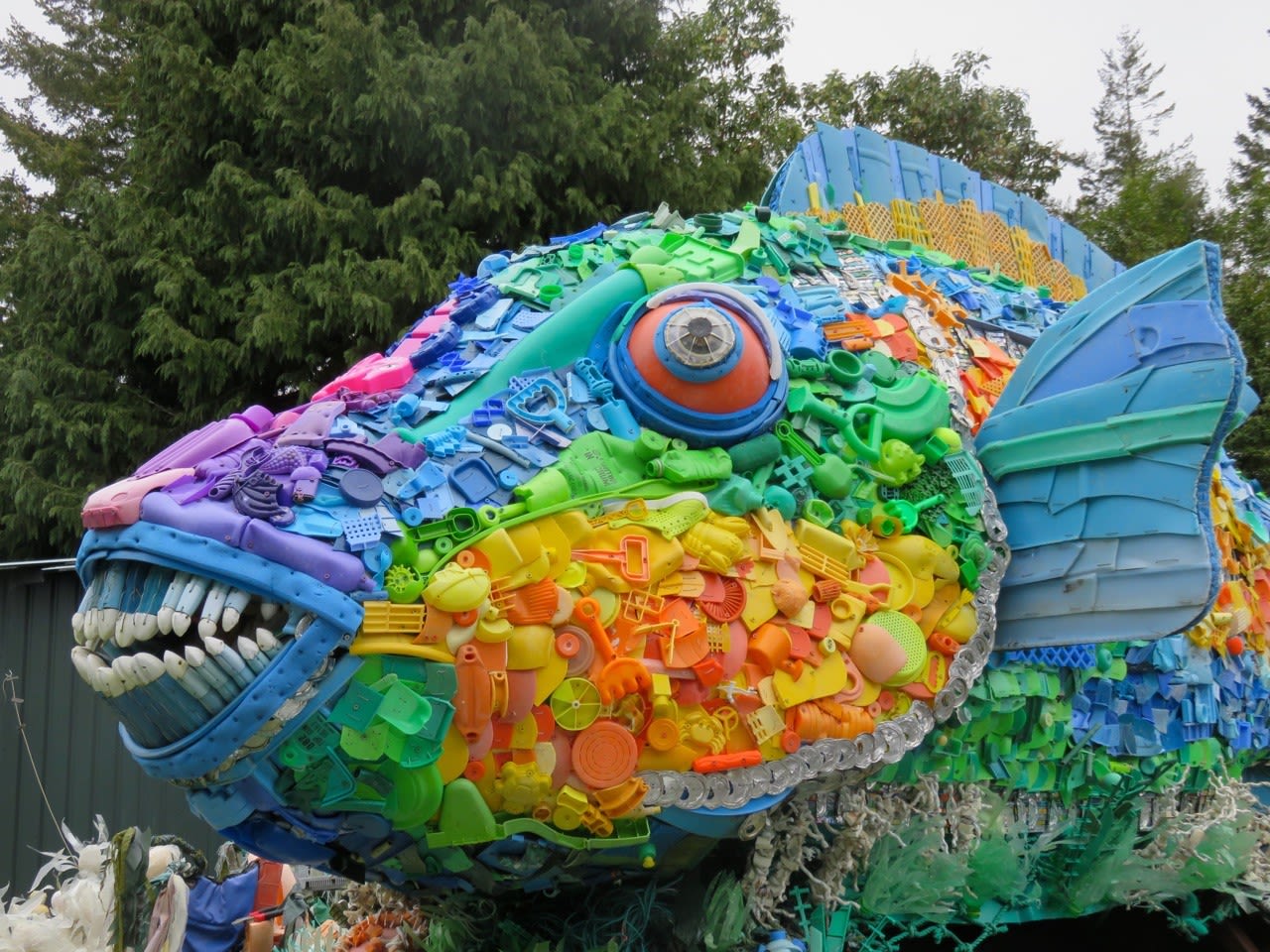 Large fish sculpture created from recycled plastic for ocean