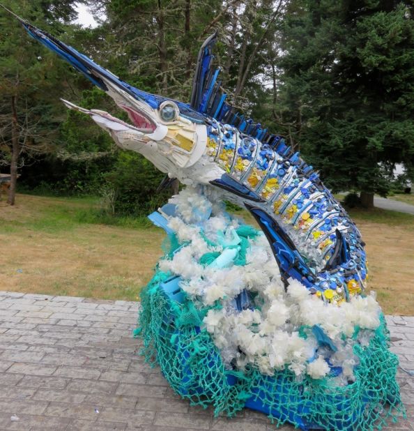 "You can see a lot of recognizable items on the face of this marlin," says the artist. "It has lures and poles in it, so it connects especially with fishermen who must be aware of the materials they use and not discard them."