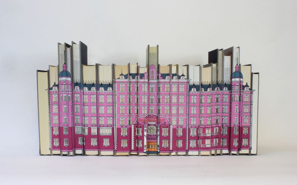 Screen print on reclaimed books recreated the Grand Budapest Hotel, as seen in "Grand Budapest Hotel." 