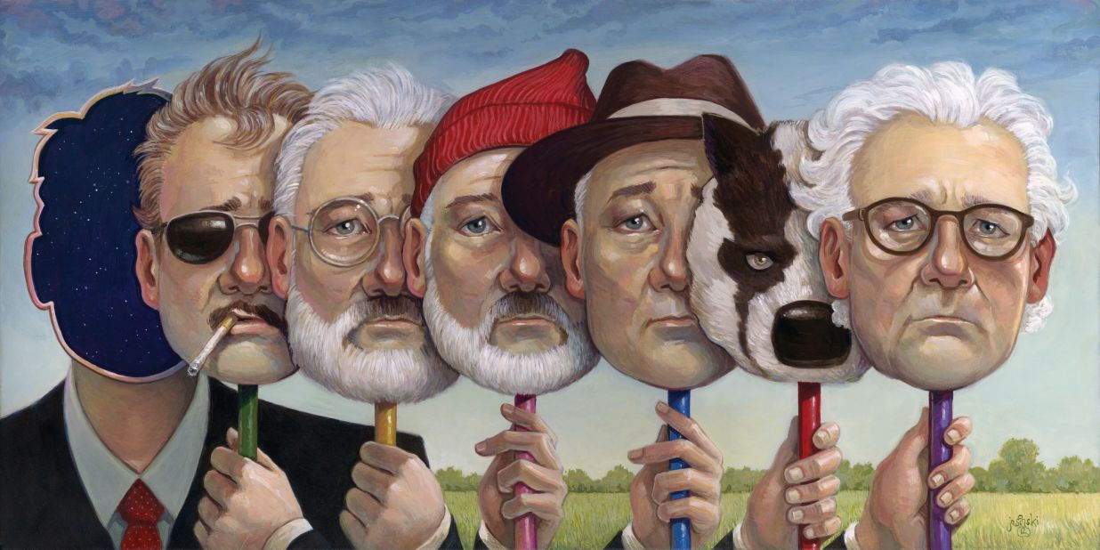Bill Murray's characters in (L-R) in "Rushmore," "The Royal Tenenbaums," "The Life Aquatic with Steve Zissou," "The Darjeeling Limited," "Fantastic Mr Fox," and "Moonrise Kingdom." 