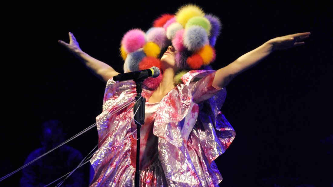 Björk in concert at the Hammersmith Apollo music venue in London in 2008. 