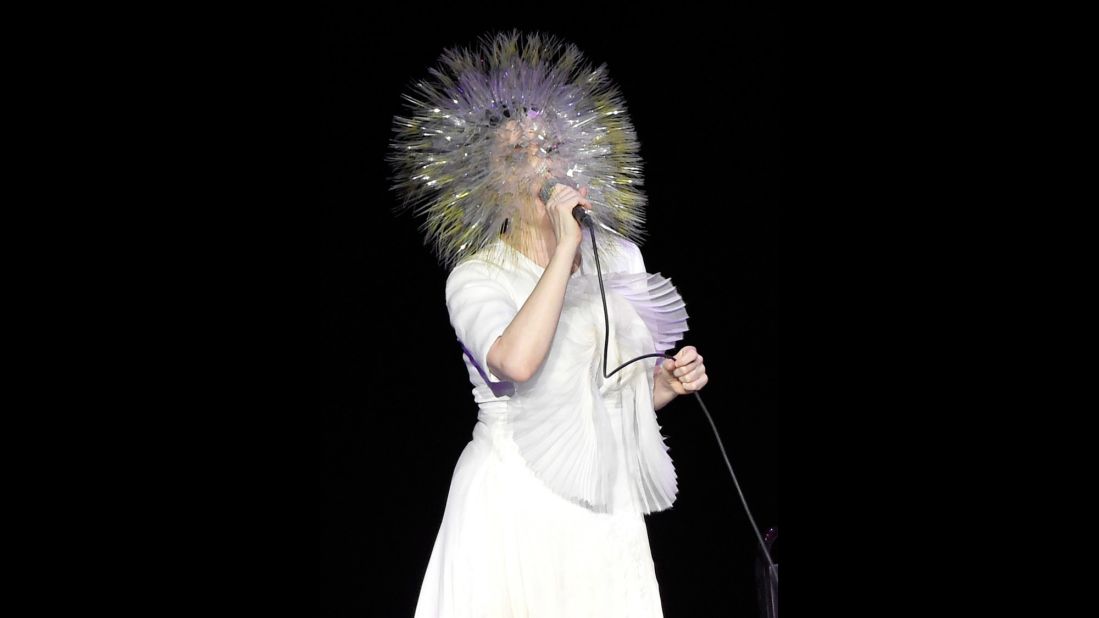 Björk performs onstage during her "Vulnicura" tour at the Kings Theatre in New York in 2015. 