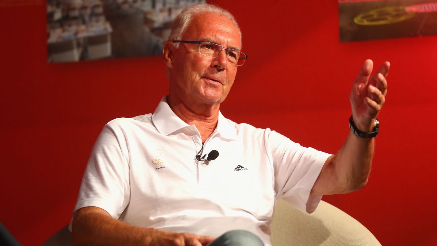 Franz Beckenbauer talks to the guests at the Allianz Arena.