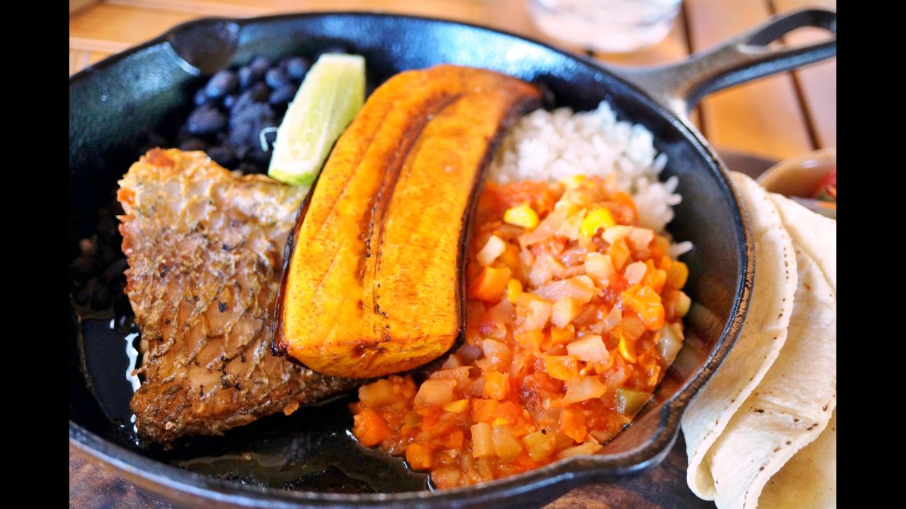 Native tubors, such as yams, are a common ingredient. Pictured, a traditional Costa Rican casado meal with rice, beans and plantain.