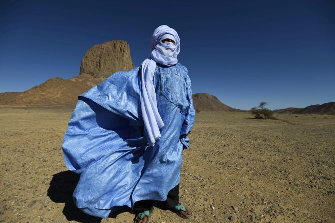 Tuaregs are the only tribal communities in which <a href="index.php?page=&url=http%3A%2F%2Ftravel.cnn.com%2Fsurviving-sahara-468896%2F">men wear veils instead of women</a>. The tangelmust, a wrapped headdress up to eight meters in length, is ubiquitous among the "blue men of the desert." The name does not allude to the muslin headdress, dyed with indigo, but rather because the dye gradually leeches out into the skin of the wearer. Tuaregs use the tangelmust for practical reasons: it protects from the sun and sand, but men will still wear them at night, and even during meals. Men cover their faces with the tangelmust in front of strangers and women, while women are free to show their face. 