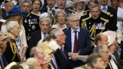 LONDON, ENGLAND - JUNE 10: Leader of Britain's Labour Party, Jeremy Corbyn (R) sings the national anthem alongside John Bercow, the Speaker of the House of Commons, and recently appointed London mayor Sadiq Khan, partly obscured directly behind them, at a service of thanksgiving for Queen Elizabeth II's 90th birthday at St Paul's cathedral on June 10, 2016 in London, United Kingdom. (Photo by Matt Dunham - WPA Pool/Getty Images)