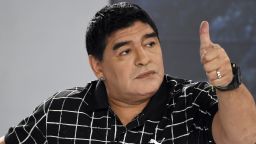 Argentinean former football player Diego Maradona gestures while taking part in a TV program in Caracas on February 28, 2015.  AFP  PHOTO/ Juan Barreto        (Photo credit should read JUAN BARRETO/AFP/Getty Images)