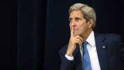 U.S. Secretary of State John Kerry listens to the proceedings during an event releasing the "2015 Trafficking in Persons Report," at the U.S. State Department in 2015 in Washington, DC.