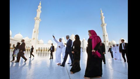 Sheikh Abdullah bin Zayed Al Nahyan, United Arab Emirates foreign minister, points out highlights at the Sheikh Zayed Grand Mosque as he takes Kerry on a tour in Abu Dhabi in 2015. 