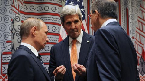 Kerry speaks with Russian President Vladimir Putin, left, and Foreign Minister Sergey Lavrov at the United Nations in 2015. 