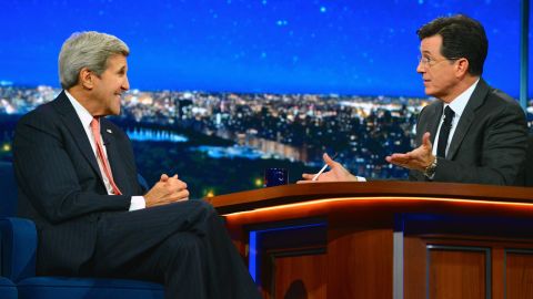 Kerry appears on "The Late Show with Stephen Colbert" in New York City in 2015.