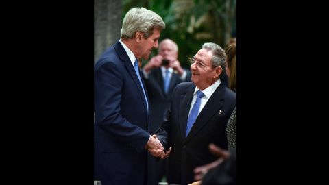 Kerry shakes hands with Cuban President Raul Castro before a state dinner at the Revolution Palace in Havana in March 2016. 