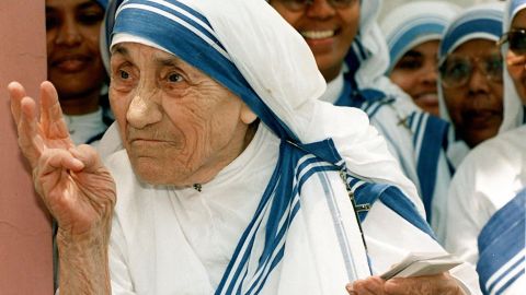 Mother Teresa stands with nuns of the Missionaries of Charity For Destitute Children in New Delhi in this file photo taken in 1997