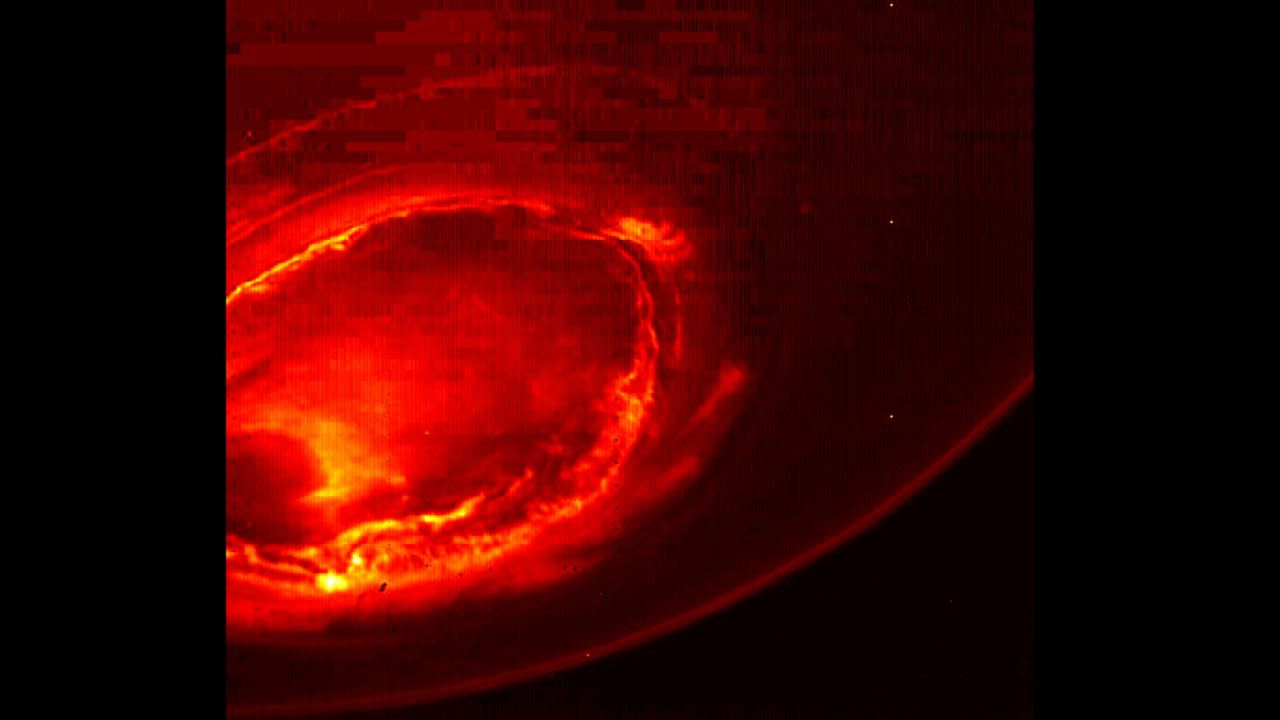 This infrared image gives an unprecedented view of the southern aurora of Jupiter, as captured by NASA's Juno spacecraft on August 27, 2016.