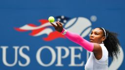 Serena Williams of US serves to Johanna Larsson of Sweden during their 2016 US Open women's singles match at the USTA Billie Jean King National Tennis Center in New York on September 3, 2016. / AFP / EDUARDO MUNOZ ALVAREZ        (Photo credit should read EDUARDO MUNOZ ALVAREZ/AFP/Getty Images)