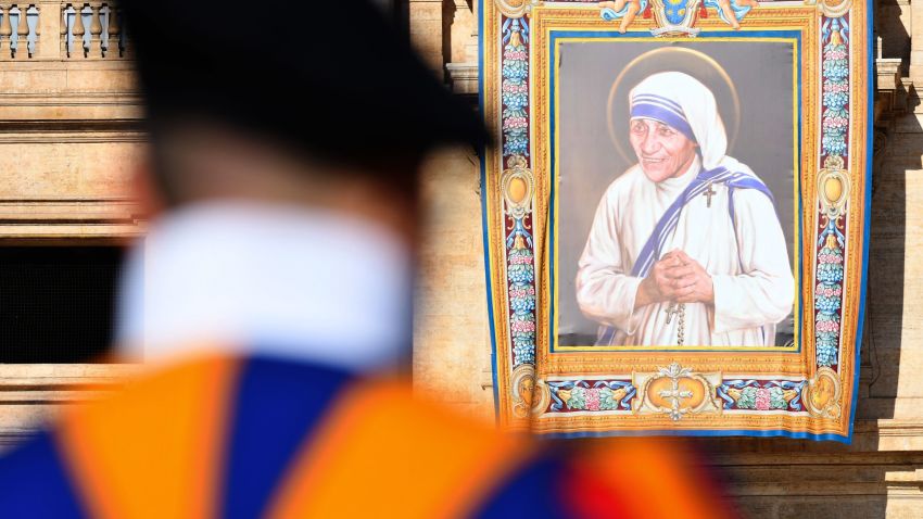 A tapestry with a portrait of Mother Teresa hangs on the facade of St. Peter's in the Vatican.