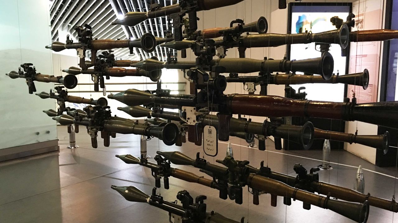 Russian-designed rocket launchers on display.