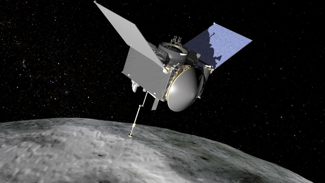 An artist's concept of what the OSIRIS-REx spacecraft looks like as it orbits asteroid Bennu.