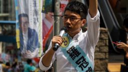 Nathan Law, 23, a leader of the 2014 pro-democracy rallies, campaigns for his political party Demosisto party during the Legislati