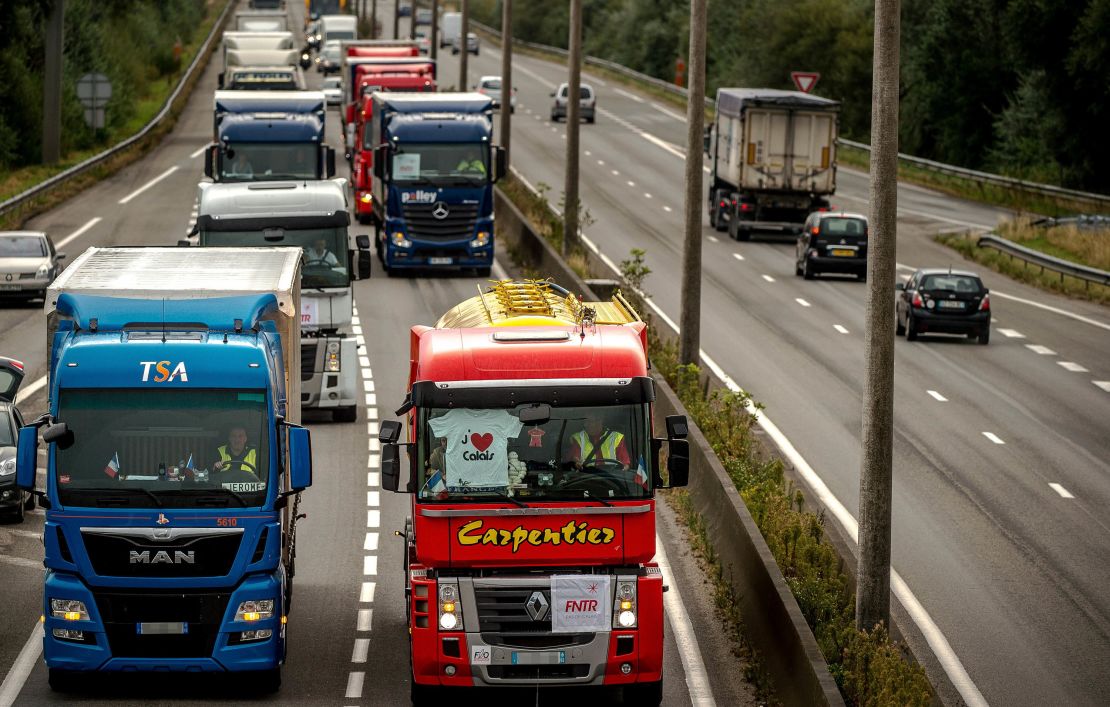 Truck drivers drive from Loon Plage to Calais.