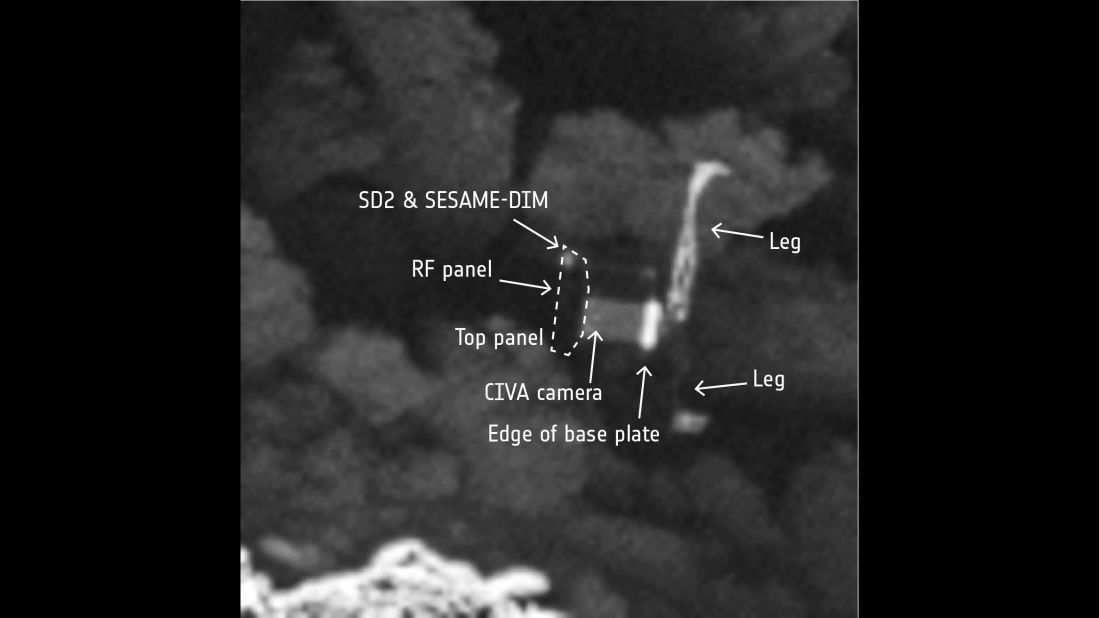 The image is detailed enough that viewers can pick out features of Philae's 3-foot-wide (1 meter) body. Even two of its three legs can be seen. 