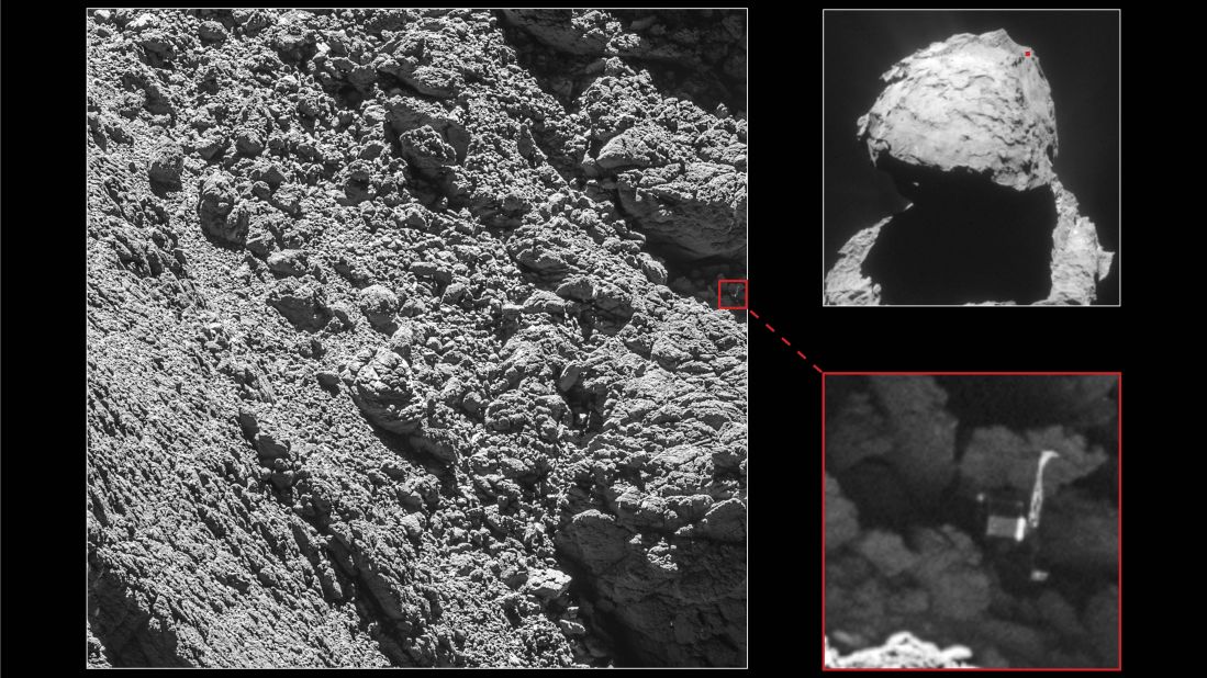 "We are so happy to have finally imaged Philae, and to see it in such amazing detail," says Cecilia Tubiana of the OSIRIS camera team. She was the first person to see the images when they were downlinked from the Rosetta probe, according to the European Space Agency.