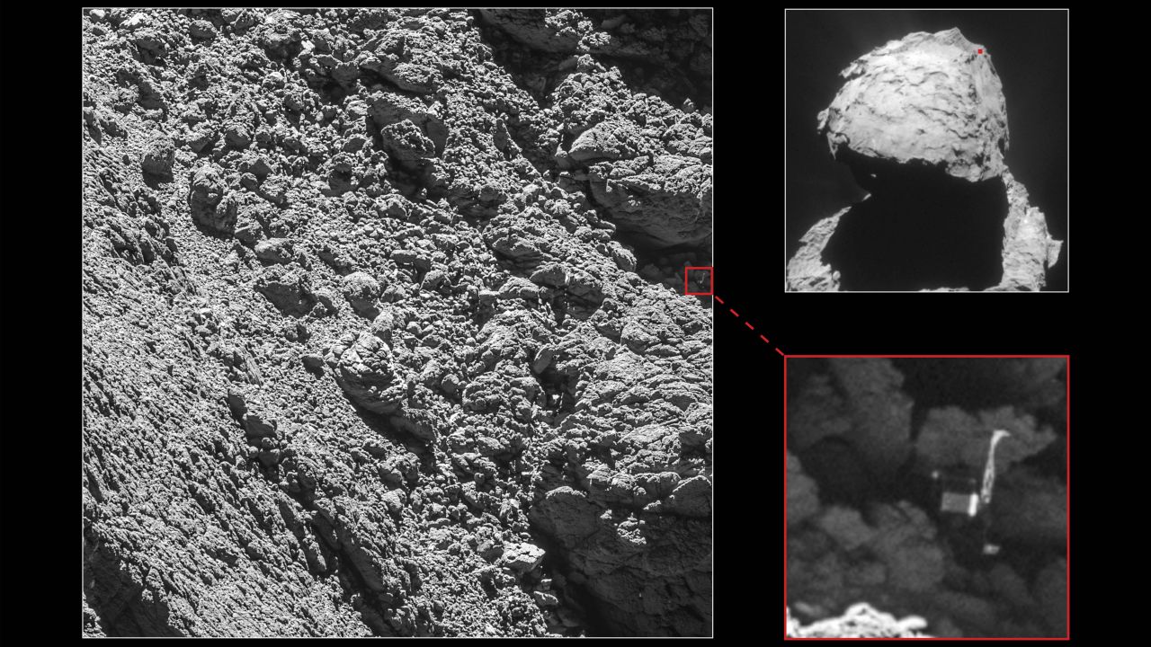 The Philae lander bounced across the comet on impact after failing to anchor. Rosetta's cameras were able to locate it later. 