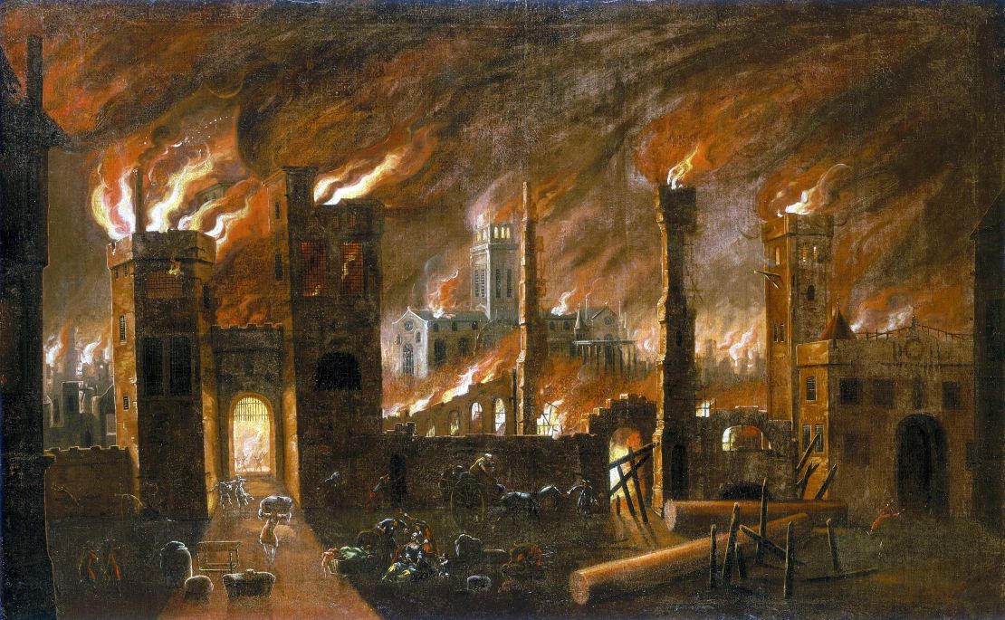 'The Great Fire of London, 1666', in a painting from circa 1675. View looking towards the west facade of old St Paul's Cathedral, seen from Blackfriars.