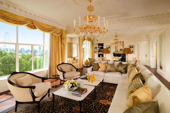At the Savoy in London, the presidential suite stretches the length of the building's river-facing side, with seating arranged to make the most of the view.